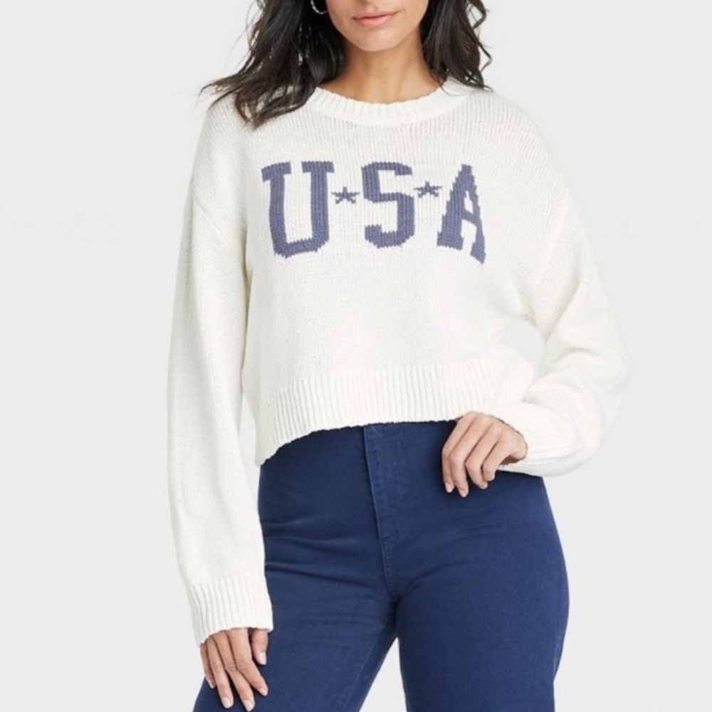 Grayson Threads Women's Pullover Cropped USA Sweater Ivory Blue XL Extra Large​​